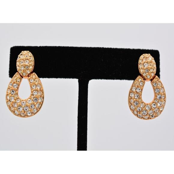 Swarovski Vintage Crystal Earrings Door Knockers Gold Swan Signed 1990s BinAZ - Picture 1 of 12